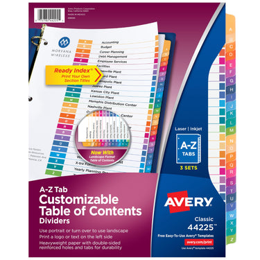 Avery A-Z Tab Dividers for 3 Ring Binders, Customizable Table of Contents, Multicolor Tabs, 3 Sets (44225)